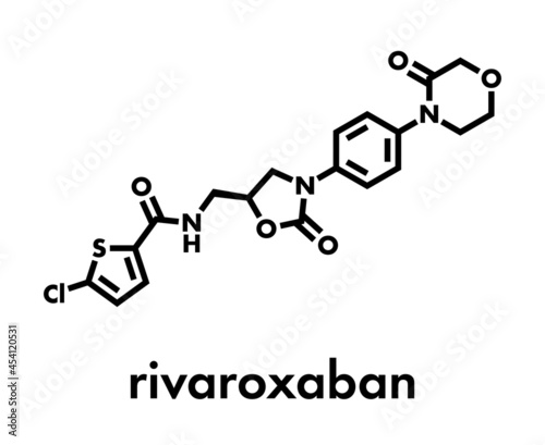 Rivaroxaban anticoagulant drug (direct factor Xa inhibitor) molecule. Skeletal formula.