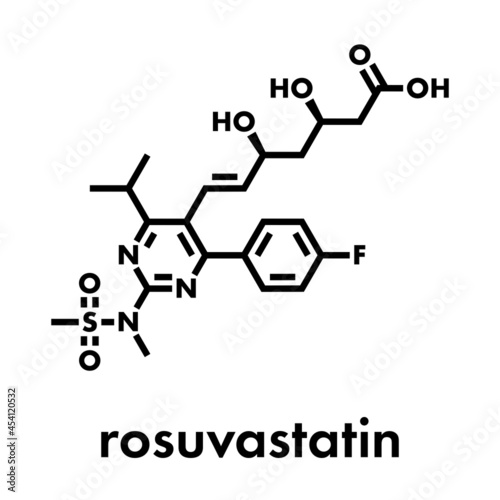 Rosuvastatin cholesterol lowering drug (statin class) molecule. Skeletal formula.