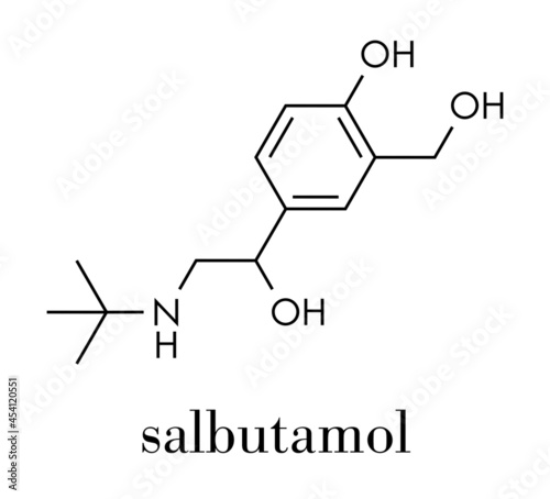 Salbutamol (albuterol) asthma drug molecule. Often administered via inhaler. Skeletal formula.