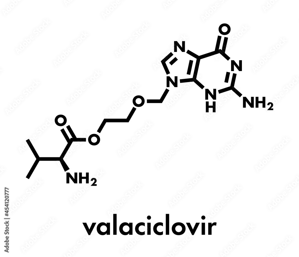 Valaciclovir (valacyclovir) herpes infection drug molecule. Skeletal ...