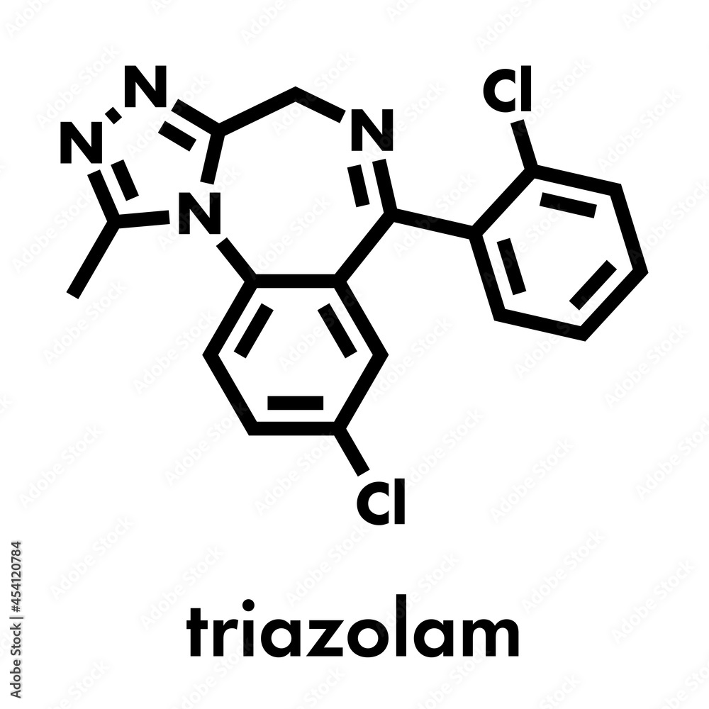 Triazolam insomnia drug (sleeping pill, benzodiazepine class) molecule. Skeletal formula. Triazolam insomnia drug (sleeping pill, benzodiazepine class) molecule. Skeletal formula.