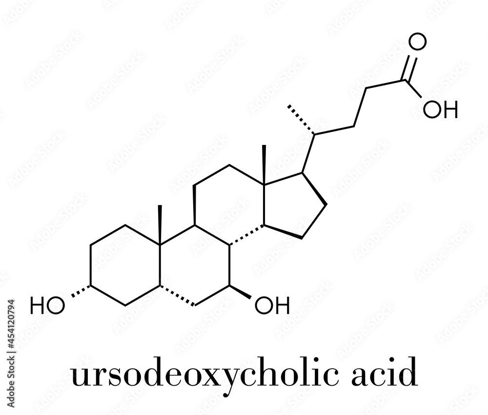 Ursodiol (ursodeoxycholic acid, UDCA) gallstone treatment drug molecule. Skeletal formula. Stock