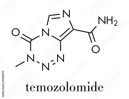 Temozolomide cancer chemotherapy drug molecule. Skeletal formula.