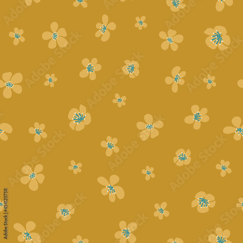 Small flowers in mustard yellow. Fabric seamless pattern botanical print background design. Vector illustration. Surface pattern design. Great for card design, kids, clothing and home decor projects. 