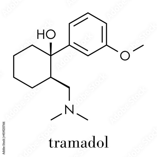 Tramadol opioid analgesic drug molecule. Skeletal formula.