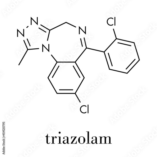 Triazolam insomnia drug (sleeping pill, benzodiazepine class) molecule. Skeletal formula.