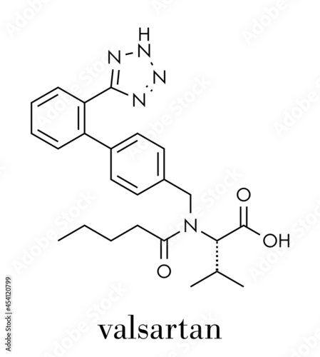 Valsartan high blood pressure (hypertension) drug. Inhibitor of angiotensin II receptor. Skeletal formula.