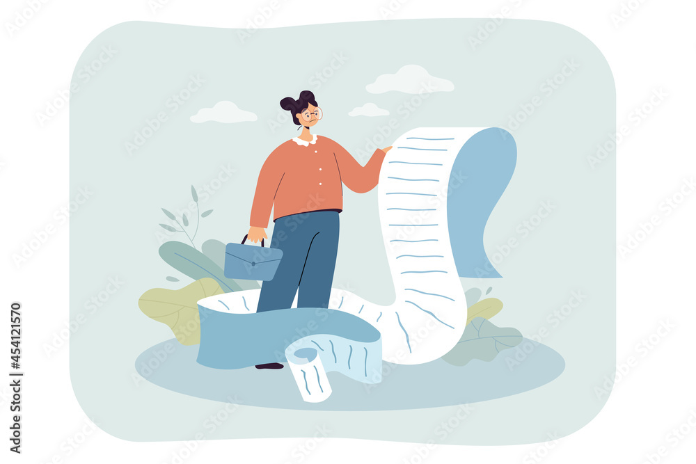 Upset businesswoman holding long checklist or payment document. Flat vector illustration. Cartoon girl in suit scrolling giant paper bill, shopping or work list. Management, task, time concept