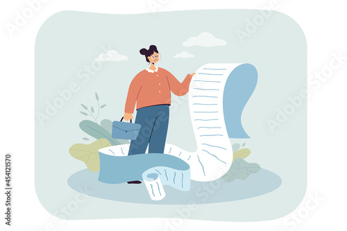 Upset businesswoman holding long checklist or payment document. Flat vector illustration. Cartoon girl in suit scrolling giant paper bill, shopping or work list. Management, task, time concept