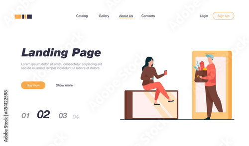 Woman ordering delivery from grocery store. Courier stepping of gadget with bag of food flat vector illustration. App, internet, service concept for banner, website design or landing web page