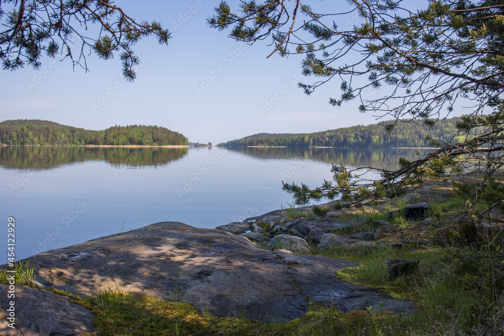Summer landscape overlooking the lake. Sunny morning on the lake. Picturesque landscape with a reservoir. Summer landscape overlooking the lake. Sunny morning on the lake. Picturesque landscape with a reservoir.