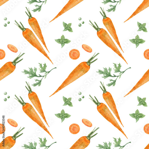 Watercolor seamless background with carrot on a white background. Menu design, textile design, printing.
