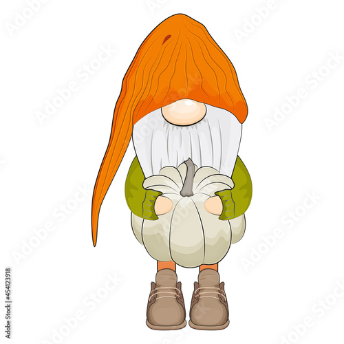 Cute autumn gnome with pumpkin. Vector illustration.