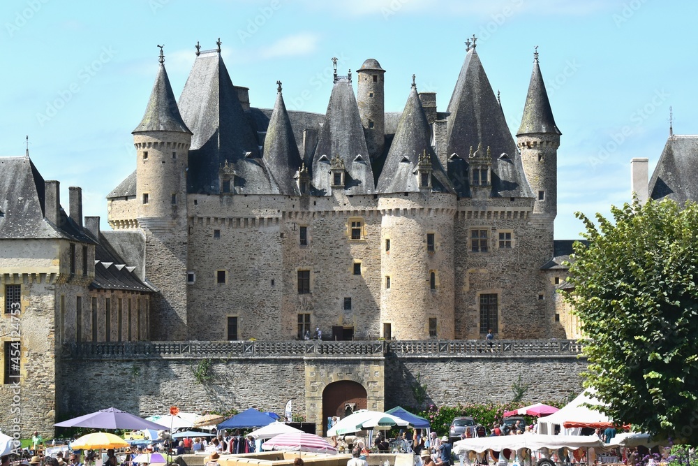 Jumilhac le Grand, Dordogne, France. Traditional and annual flea market in the beautiful park facing the amazing castle of Jumilhac open to public.