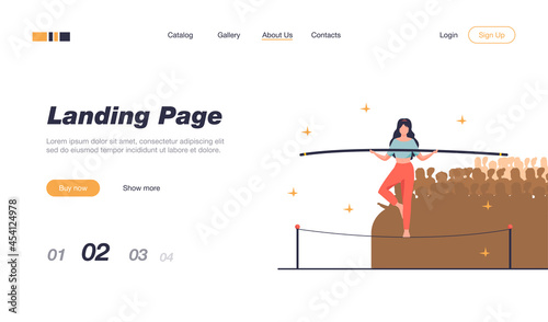 Show actress balancing on rope. Audience, acrobat, yogi flat vector illustration. Danger, risk, challenge concept for banner, website design or landing web page