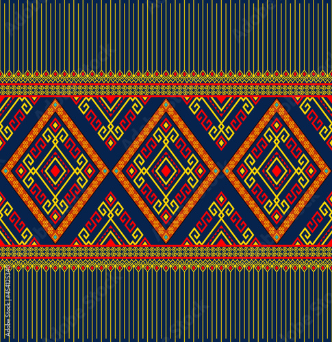 Yellow Red Ethnic or Native Seamless Pattern on Blue Background in Symmetry Rhombus Geometric Bohemian Style for Clothing or Apparel,Embroidery,Fabric,Package Design