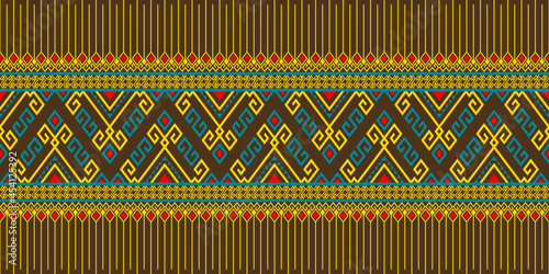 Yellow Green Tribe or Native Seamless Pattern on Brown Background in Symmetry Rhombus Geometric Bohemian Style for Clothing or Apparel,Embroidery,Fabric,Package Design