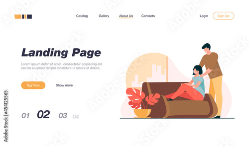 Happy young couple at home. Cheerful guy massaging shoulders of his girlfriend flat vector illustration. Relationship, comfort, relaxing concept for banner, website design or landing web page