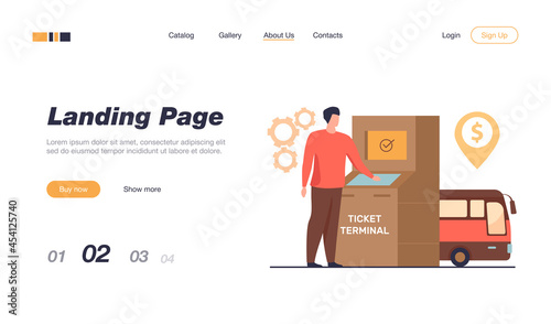 Man buying bus ticket via terminal. Cash, city, transport flat vector illustration. Transportation and digital technology concept for banner, website design or landing web page