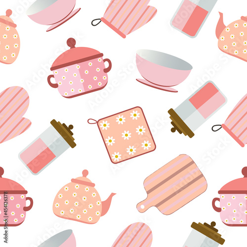Seamless vector pattern. Kitchen utensils: bowl, potholder, kettle, saucepan, spice jar. Design for textiles, fabrics, clothing.
