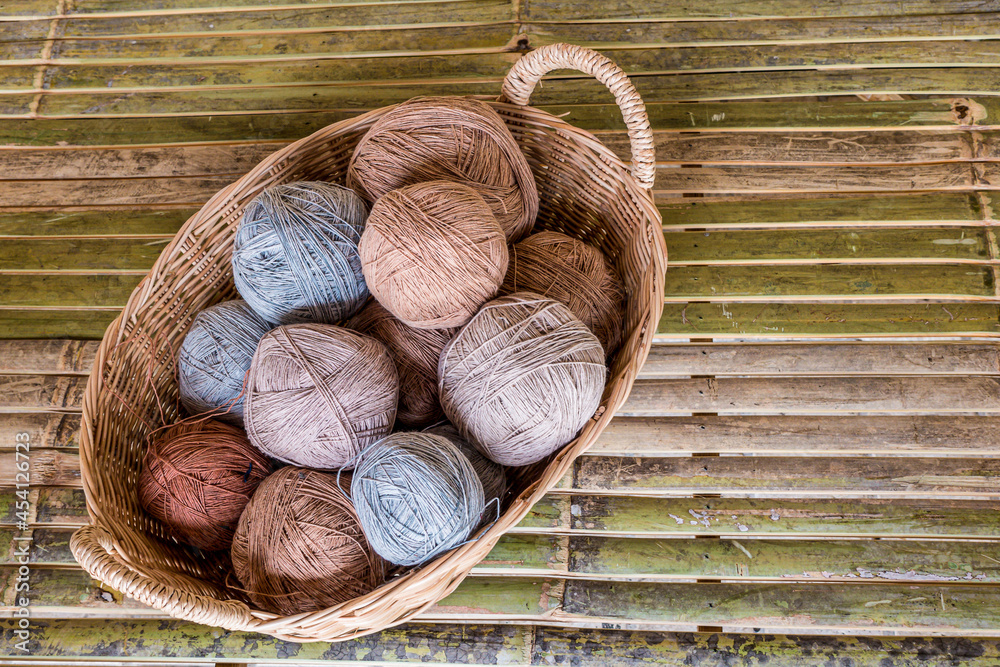 Cotton thread rolls in rattan basket preparing for cloth weaving. Cotton thread rolls in rattan basket preparing for cloth weaving.