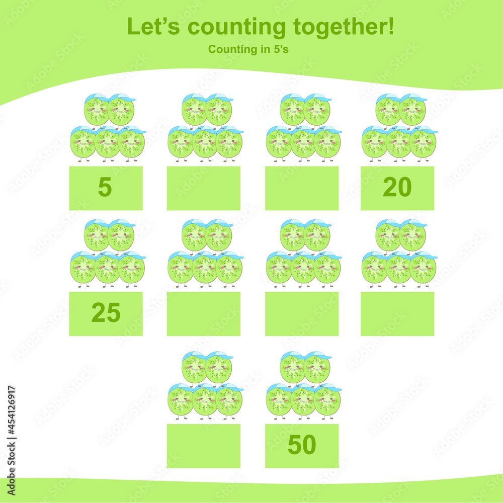 Counting kiwis for children. Fruit Counting Math Worksheet. Counting in 5s. Math Worksheet for Preschool. Educational printable math worksheet. Preschool Education. Early education materials. Counting kiwis for children. Fruit Counting Math Worksheet. Counting in 5s. Math Worksheet for Preschool. Educational printable math worksheet. Preschool Education. Early education materials.
