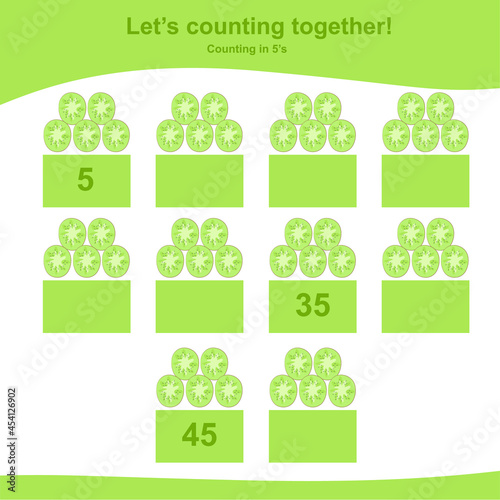 Counting kiwis for children. Fruit Counting Math Worksheet. Counting in 5s. Math Worksheet for Preschool. Educational printable math worksheet. Preschool Education. Early education materials. 