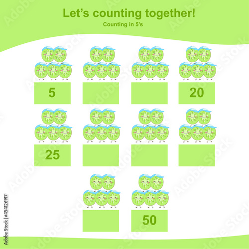 Counting kiwis for children. Fruit Counting Math Worksheet. Counting in 5s. Math Worksheet for Preschool. Educational printable math worksheet. Preschool Education. Early education materials. 