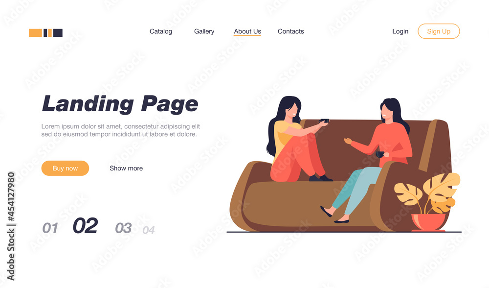 Two female friends meeting and chatting at home. Women drinking tea and talking on couch flat vector illustration. Friendship, leisure concept for banner, website design or landing web page