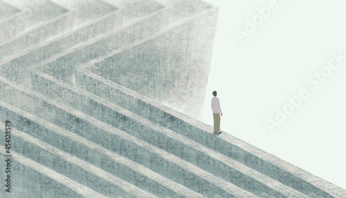Lonely man losted in surreal city. Alone loneliness depression and sadness concept art. conceptual painting, minimal design illustration