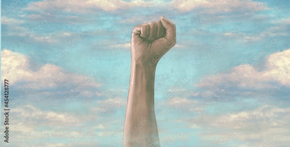 Political art, Concept idea of  freedom of expression and, surreal painting, fist hand up into the sky, conceptual artwork 3d illustration	
 - obrazy, fototapety, plakaty 