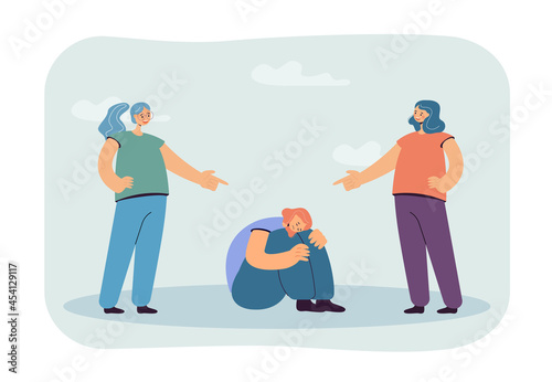 Mean cartoon girls pointing fingers at sad female character. Bullies laughing at teenager flat vector illustration. Bullying, childhood concept for banner, website design or landing web page