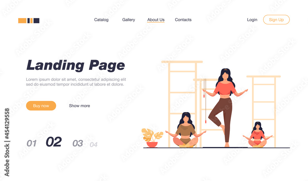 Group of women doing yoga. Class of meditation, gym, fitness club flat vector illustration. Lifestyle, stress relief, activity concept for banner, website design or landing web page Group of women doing yoga. Class of meditation, gym, fitness club flat vector illustration. Lifestyle, stress relief, activity concept for banner, website design or landing web page