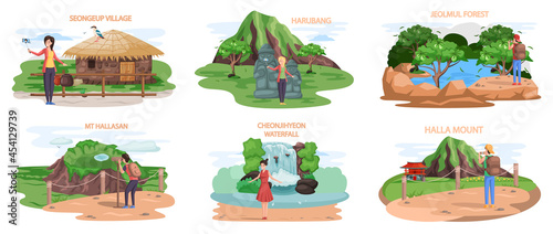 Set of tourist attractions of Jeju island mountaine hallasan, cheonjihyeon waterfall, jeolmul forest, hareubang stone park, seongeup village. Vacation to Jeju island in South Korea famous landmark