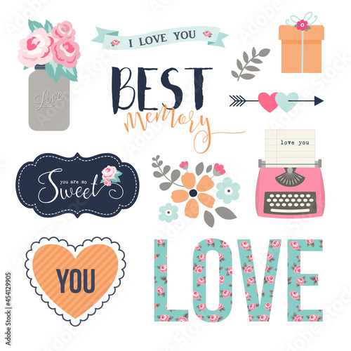 Love stickers. Signs, symbols, objects, and templates for planners, wedding invitations, notebooks, diaries, and valentine's day cards.