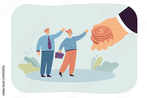 Giant hand giving out salary to tiny workers. Flat vector illustration. Cartoon man and woman getting money incentive, bonus or corporate offer. Business, growth, investment, satisfaction concept