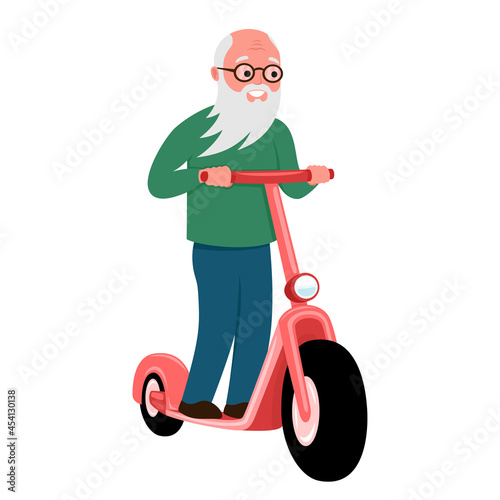 Cheerful elderly man rides an electric scooter on a white background.