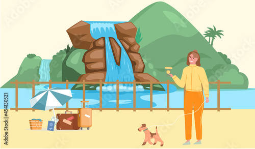 Female character walking with dog in beautiful green park travel concept and adventure tourism. Woman traveler in summer vacation with beautiful nature. Tourist attraction of wonderful place of visit
