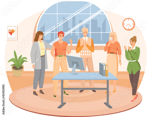 Birthday party in office flat vector illustration. Workers organize holiday, congratulate boss. Interaction, entertainment at workplace. Business team celebrate giving gifts and cake to colleague