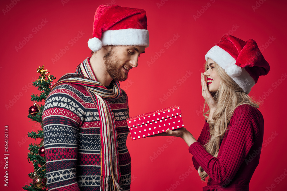 young couple celebrate christmas gift surprise emotion young couple celebrate christmas gift surprise emotion