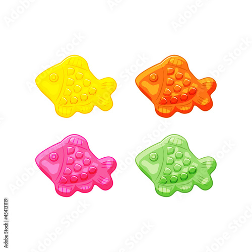 Fish colored jelly vitamins candy set. Healthy sweets. Vector cartoon illustration on a white isolated background