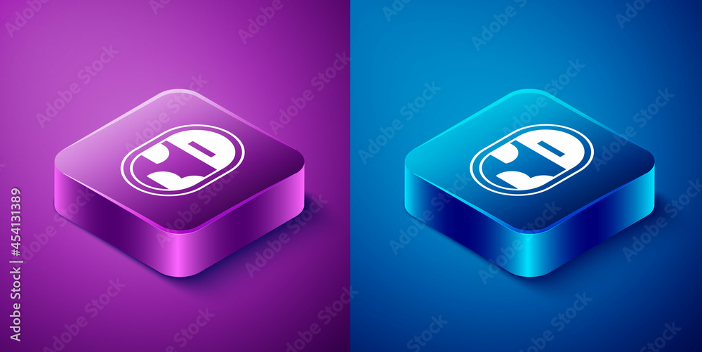 Isometric Airplane window icon isolated on blue and purple background. Aircraft porthole. Square button. Vector Isometric Airplane window icon isolated on blue and purple background. Aircraft porthole. Square button. Vector