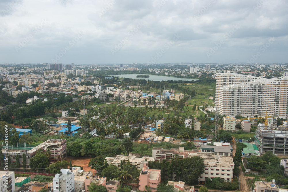 Cityscape of Bangalore in India, with office buildings and urban sprawl