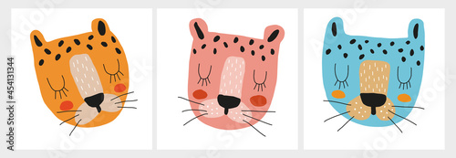 Cute Hand Drawn Nursery Vector Illustration with Funny Tigers ideal for Card, Poster, Wall Art. Lovely Childish Style Art with Wild Cat Heads on a White Background. Safari Party Decoration.