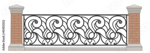 Art Nouveau Iron Fence With Brick Pillars. Urban Design. Decor. Vintage. Luxury Modern Architecture. Palace. City. Street. Park. Wrought Iron Railing. Handrails. Blacksmithing. Isolated. White.	