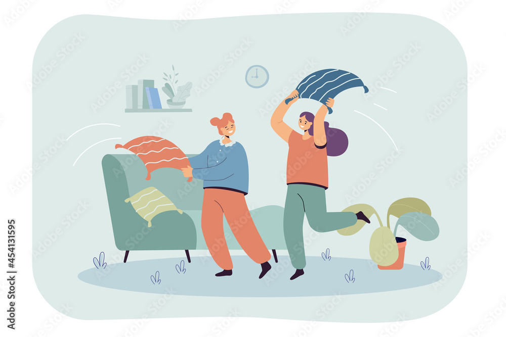 Obraz premium Cartoon girls fighting with pillows in living room. Flat vector illustration. Happy female characters spending time together, playing, laughing. Home party, joke, fun, friendship, feminine concept