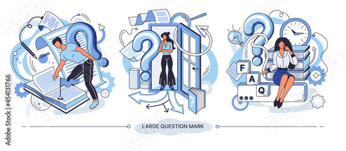 Making confusion by question marks. Questions dilemma situations. Asking questions. Confused people. Making choice. Being confused. Thinking or make decision. Solving problem. Creative metaphor