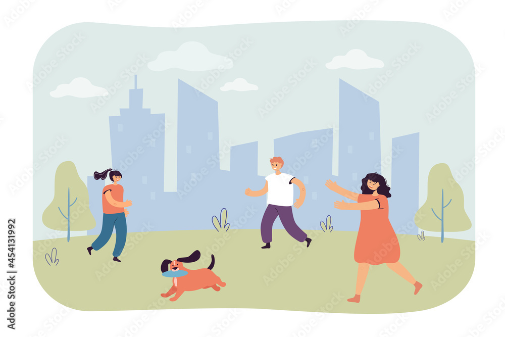 Cartoon children running after dog with flying disk in mouth. Kids playing with puppy outside flat vector illustration. Outdoor activity, leisure concept for banner, website design or landing web page