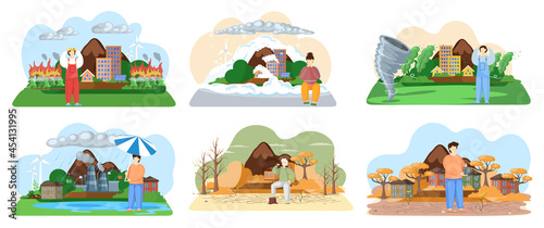 Climate change. Flat global warming tiny persons concept. Nature environment danger. Temperature rising and animal extinction, climate change and danger for ecology. Natural disasters cataclysms