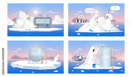 Set of illustrations about scientists working in research stations of global warming. People in protective suit work with climate change. Characters research impact of global warming on animals